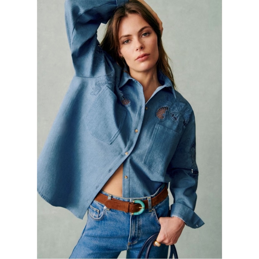 SEZANE NWT Ecru Floral Embroidered Cut Out Oversized Button Down Naora Shirt - Picture 6 of 17